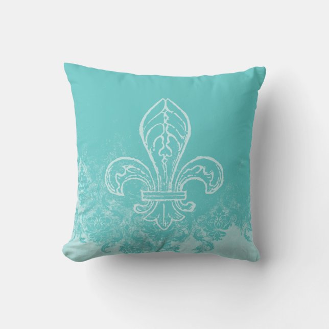 French Fleur de Lis Aqua Damask Pillow (Front)