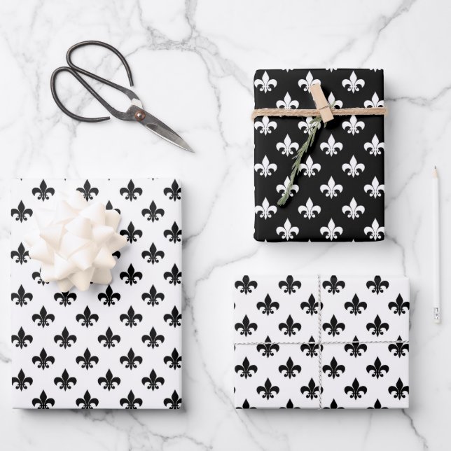 French Fleur De Lis Pattern Black And White  Wrapping Paper Sheet (Front)
