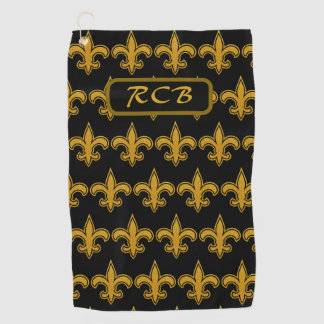 French Fleur De Lis Pattern Initials Gold-N-Black Golf Towel