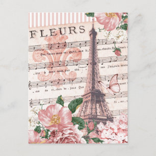 French Fleur Eiffel Tower Collage Pink Postcard