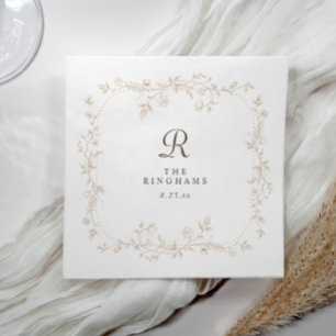 French Floral Beige Tan Victorian Monogram Wedding Napkin