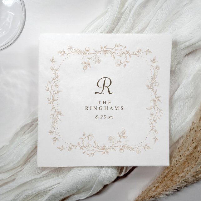 French Floral Beige Tan Victorian Monogram Wedding Napkin (Vintage French beige napkin featuring a personalized floral monogram)