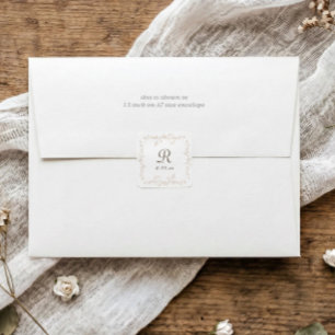 French Floral Beige Tan Vintage Monogram Wedding Square Sticker