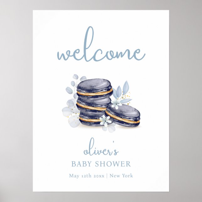 French Floral Bonjour Macaron Baby Shower Welcome  Poster (Front)