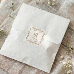 French Floral Brown Vintage Monogram Wedding Square Sticker
