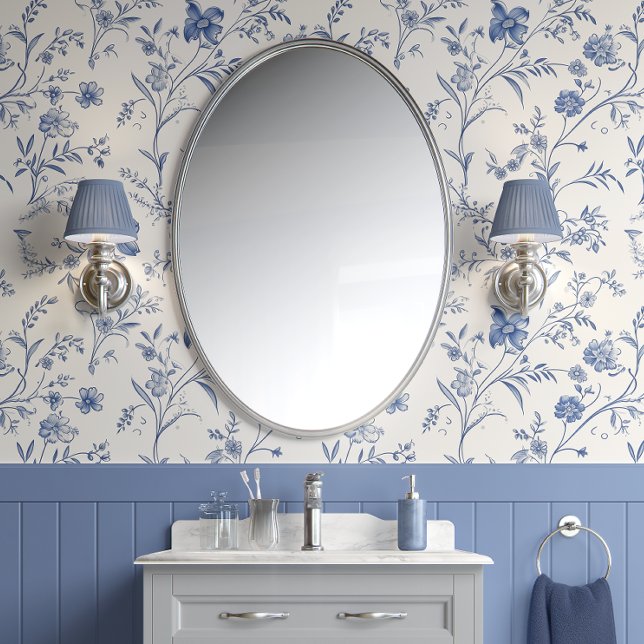 French Floral Charm - Blue and Off-White - French  Wallpaper (French Floral Charm - Blue and Off-White - French Country Peel and Stick Wallpaper)