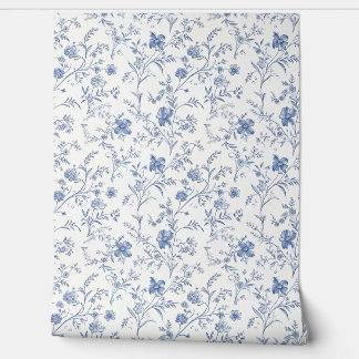 French Floral Charm Petite - Blue and Off-White Wallpaper