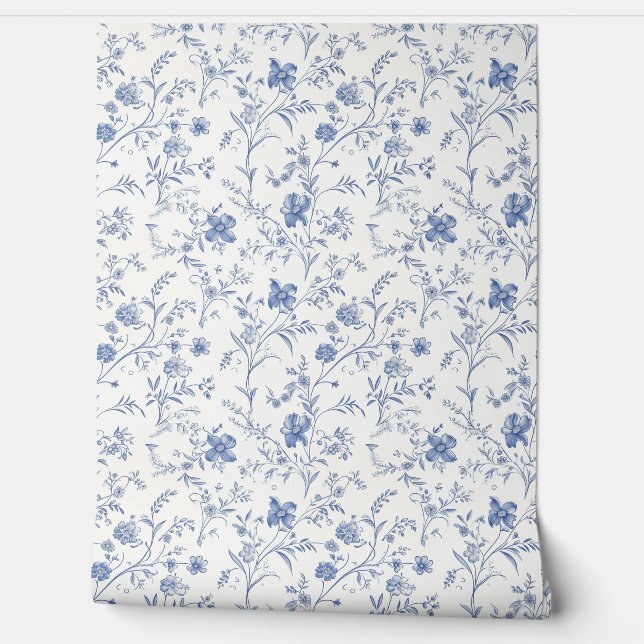 French Floral Charm Petite - Blue and Off-White Wallpaper (Unrolling)
