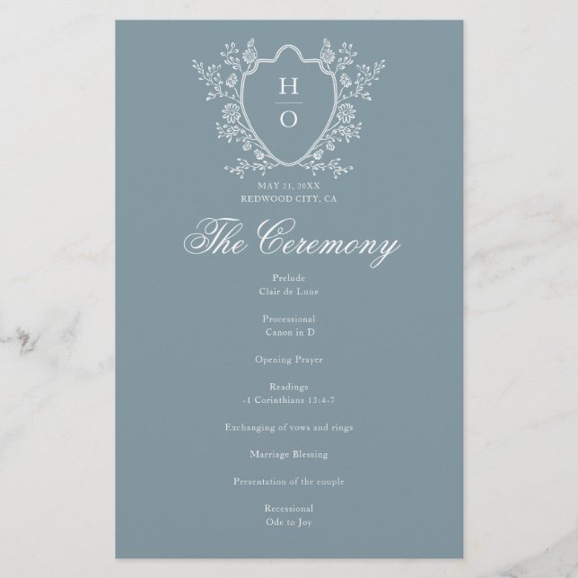 French Floral Crest Whimsical Blue Wedding Program (Front)