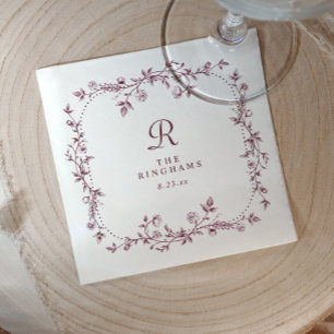 French Floral Dark Wine Red Monogram Wedding Napkin