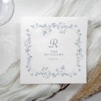 French Floral Dusty Blue Vintage Monogram Wedding