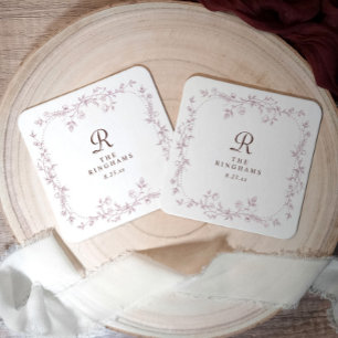 French Floral Dusty Rose Mauve Monogram Wedding Square Paper Coaster
