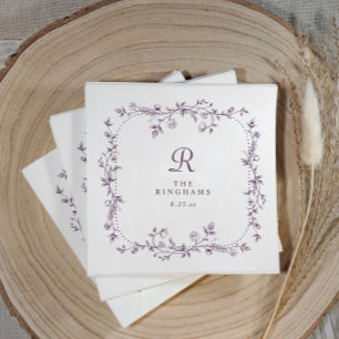 French Floral Eggplant Purple Monogram Wedding Napkin