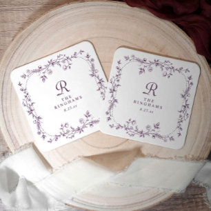 French Floral Eggplant Purple Monogram Wedding Square Paper Coaster