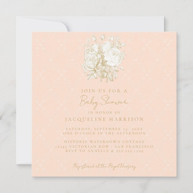 French Floral Elegant Toile Pink Gold Baby Shower  Invitation (Front)