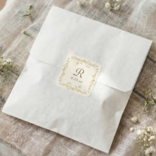 French Floral Gold & Ivory Monogram Wedding Square Sticker