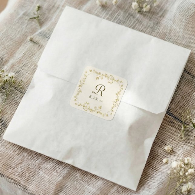 French Floral Gold & Ivory Monogram Wedding Square Sticker (Gold and ivory vintage French wedding sticker with elegant floral monogram design)