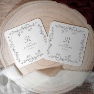 French Floral Grey Victorian Monogram Wedding Square Paper Coaster