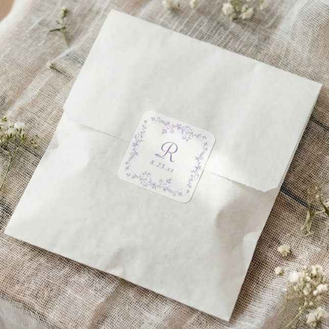 French Floral Lavender Purple Monogram Wedding Square Sticker (Lavender wedding monogram sticker with vintage French floral frame and wedding date)