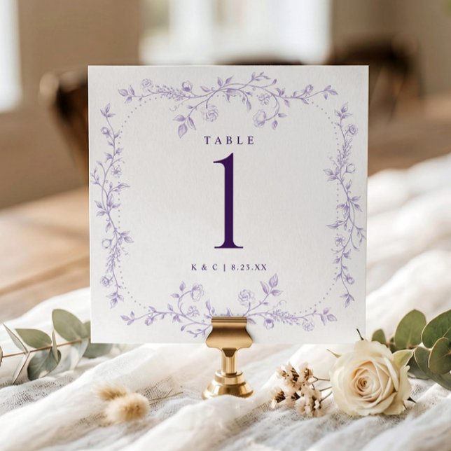 French Floral Light Purple Wedding Table Numbers (Lavender purple square wedding table number with vintage French floral frame.)