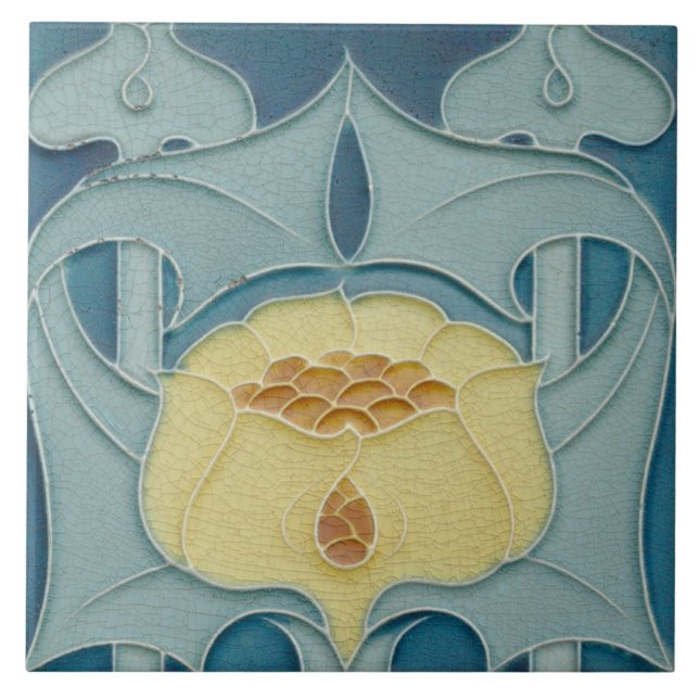 French Floral Maroon Art Nouveau Aqua Blue  Tile (Front)