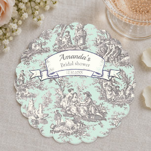 French Floral Mint Grey Toile de Jouy Wedding Paper Coaster