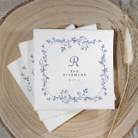 French Floral Navy Blue Victorian Monogram Wedding
