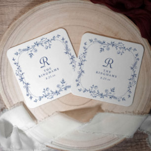 French Floral Navy Blue Victorian Monogram Wedding Square Paper Coaster