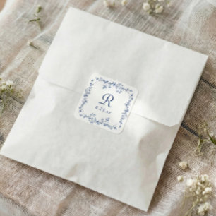 French Floral Navy Blue Vintage Monogram Wedding Square Sticker
