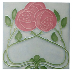 French Floral Roses Art Nouveau Pink Blue  Tile
