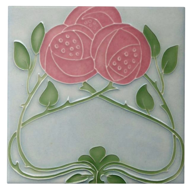 French Floral Roses Art Nouveau Pink Blue  Tile (Front)