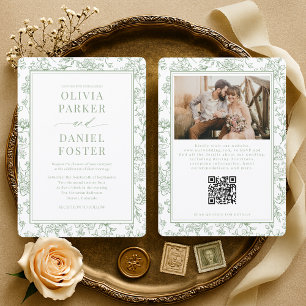 French Floral Sage Green QR Code Wedding Invitation