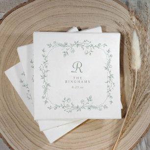 French Floral Sage Green Vintage Monogram Wedding Napkin