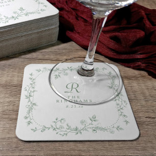 French Floral Sage Green Vintage Monogram Wedding Square Paper Coaster