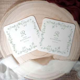 French Floral Sage Green Vintage Monogram Wedding Square Paper Coaster