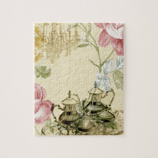 French floral Teacup Teapot Paris Tea Party Jigsaw Puzzle (Vertical)