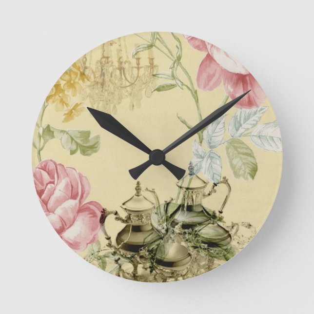 French floral Teacup Teapot Paris Tea Party Round Clock (Front)