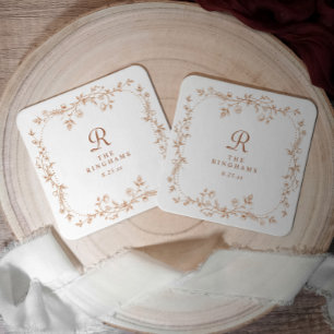 French Floral Terracotta Orange Monogram Wedding Square Paper Coaster