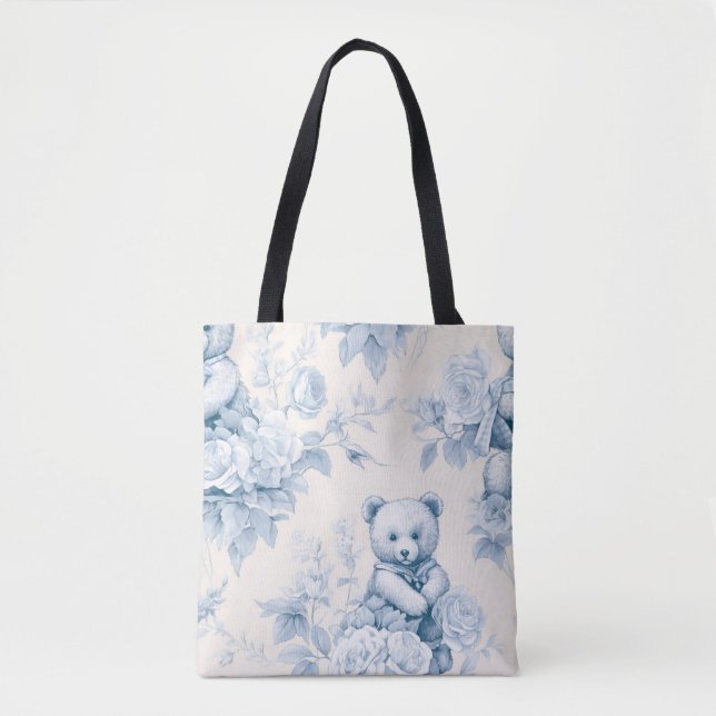 French Floral Toile and Bear Tote Bag (Front)