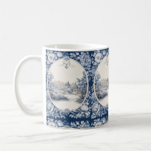 French floral toile blue coffee mug