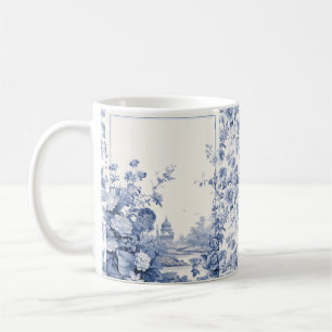 French floral toile blue coffee mug