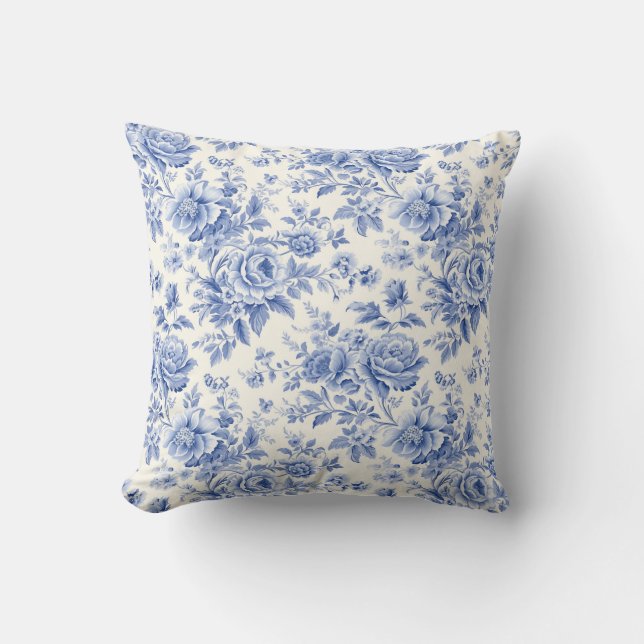 French floral toile blue cushion (Front)