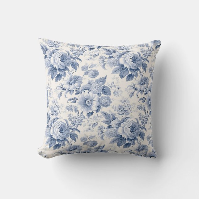 French floral toile blue cushion (Front)