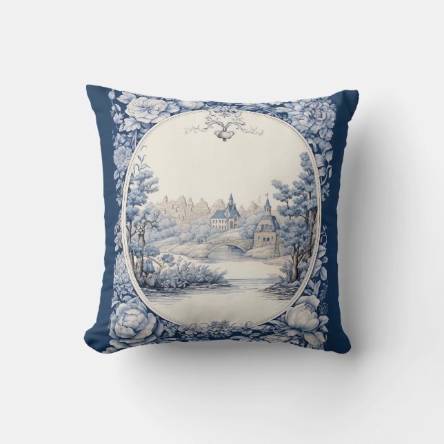 French floral toile blue cushion (Front)