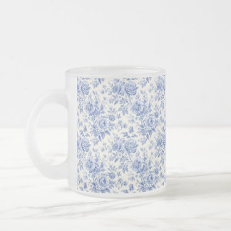 French floral toile blue frosted glass coffee mug