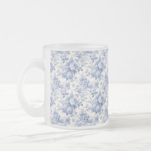 French floral toile blue frosted glass coffee mug (Left)