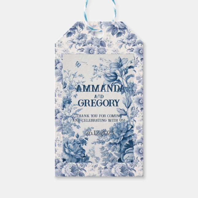 French floral toile blue Gift Tag (Front)