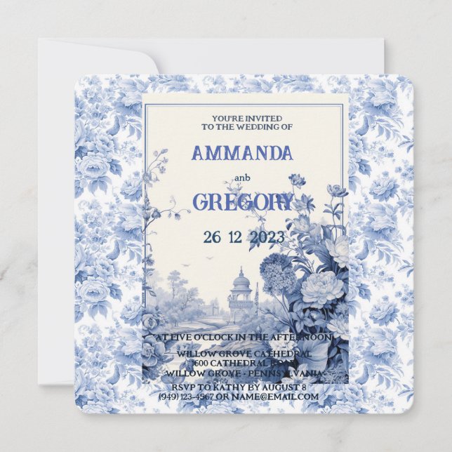 French Floral Toile Blue Invitation (Front)