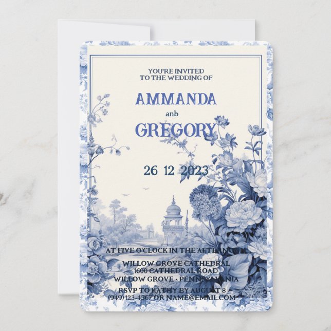 French Floral Toile Blue Invitation (Front)