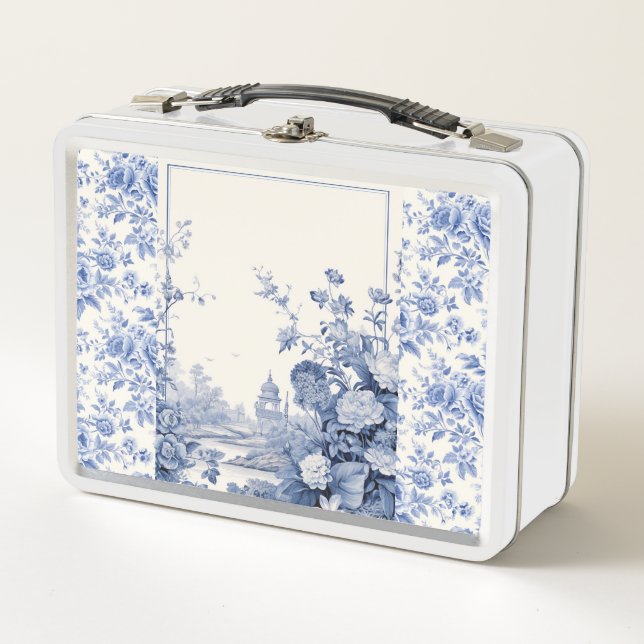 French floral toile blue metal lunch box (Front)
